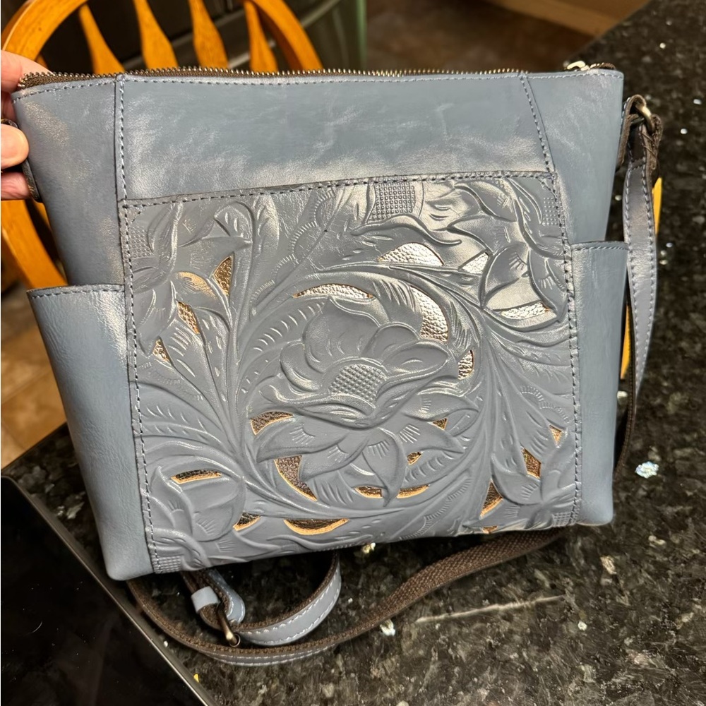 NWT Patricia Nash  Aveley Safflower Blue Tooled LeatherCrossbody